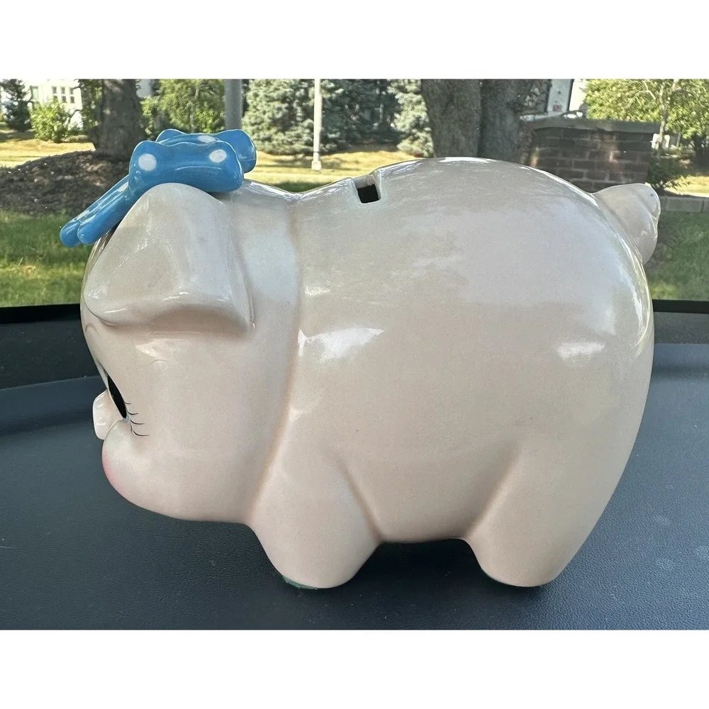 Vintage Lefton Piggy Bank Blue Polka Bow Anthropomorphic Ceramic w/Labels &plug